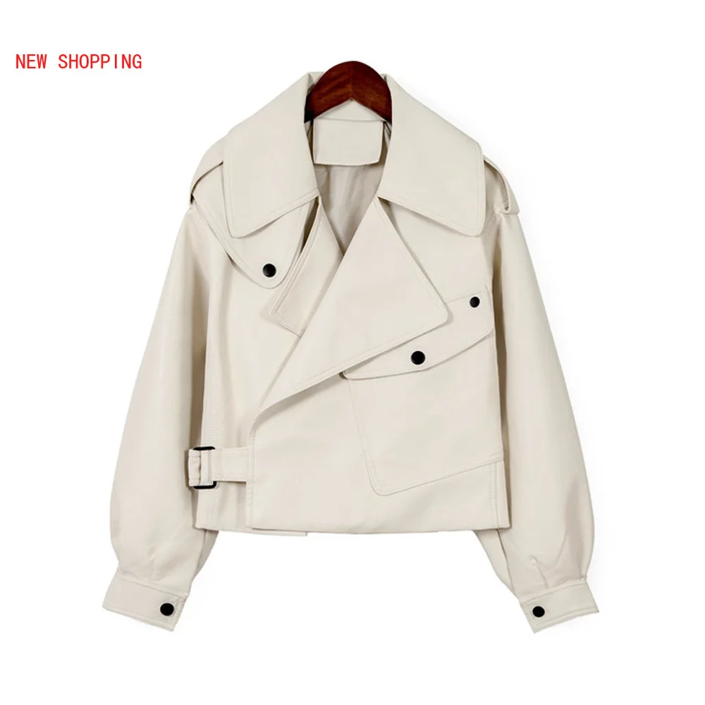 New Women Faux Leather Jacket Soft Loose Vintage Biker Coat Short Pockets Motor PU Black Jacket Autumn Street Leather Coat White