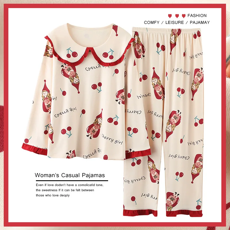 

Spring Knitted Cotton Cartoon Women's Pyjamas Pajama Sets Casual Female Sleepwear Pjs Night Pijamas Homewear 4XL 5XL Free Ship