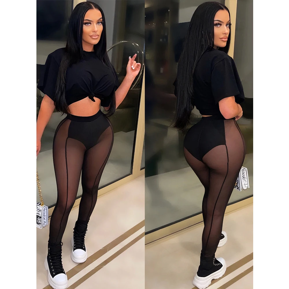 

Gtpdpllt 2022 Sexy Bow Crop Top And Mesh Patchwok Long Pants Party Club Women Two Pieces Sets See-Through Y2K Clothes Outfits