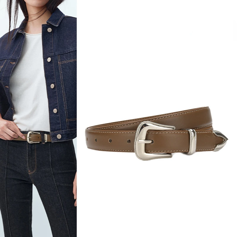 New Vintage Leather Belt Women's Leisure Needle Button Head Leather Belt Women's Versatile Denim Decorative Leather Belt Women