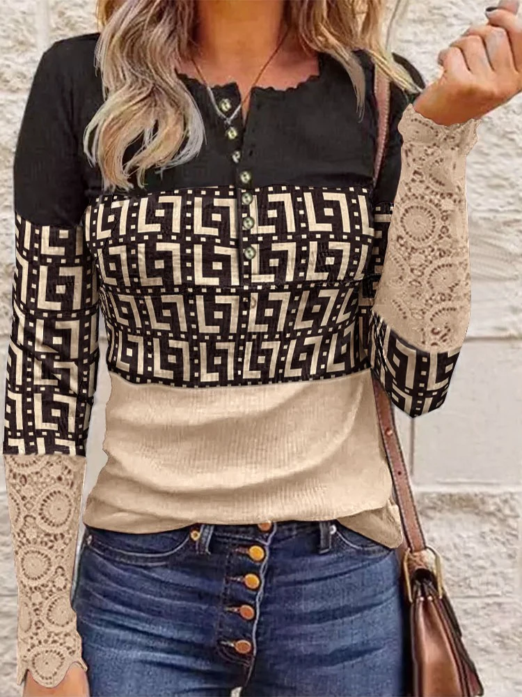 

Модный женский топ 2022 Y2k, одежда с геометрическим принтом, контрастный Кружевной Топ с длинным рукавом, повседневная женская одежда, женская...