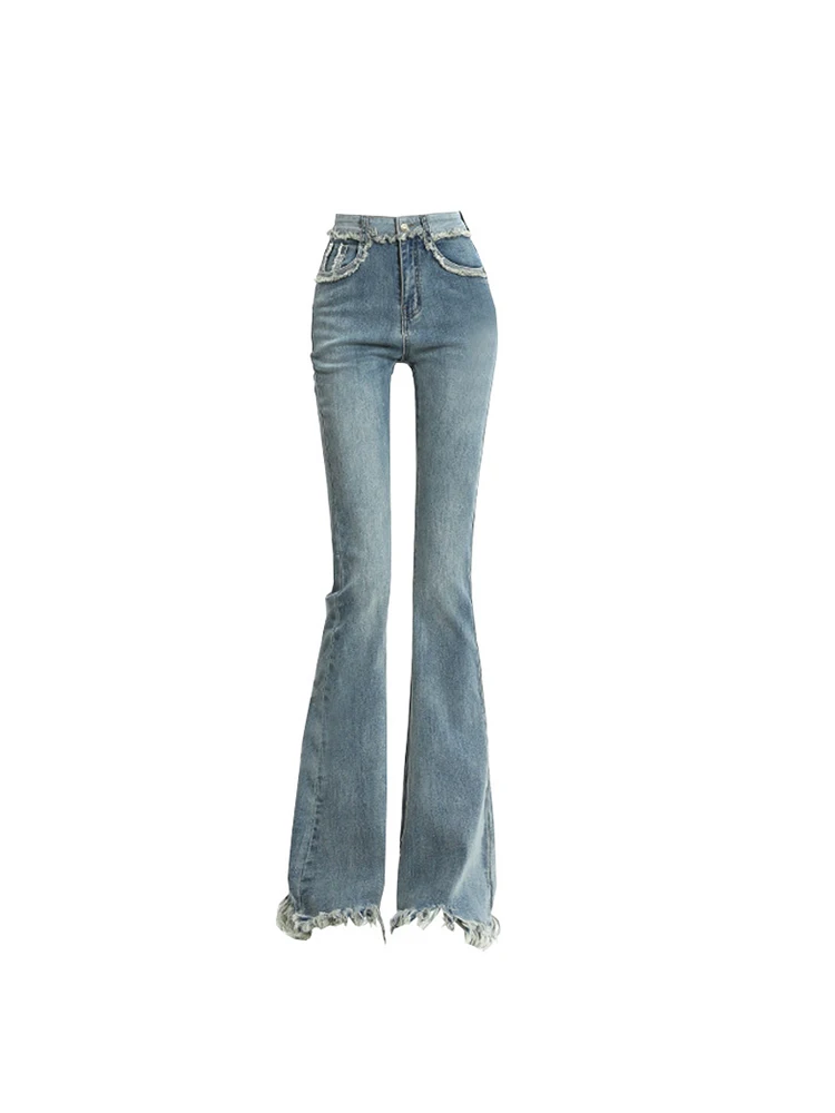

Women's Blue Flared Jeans Vintage Loose Tassel Wide Leg Denim Pants High Waist Female Y2K Skinny Trouser Fashion Streetwear 2023