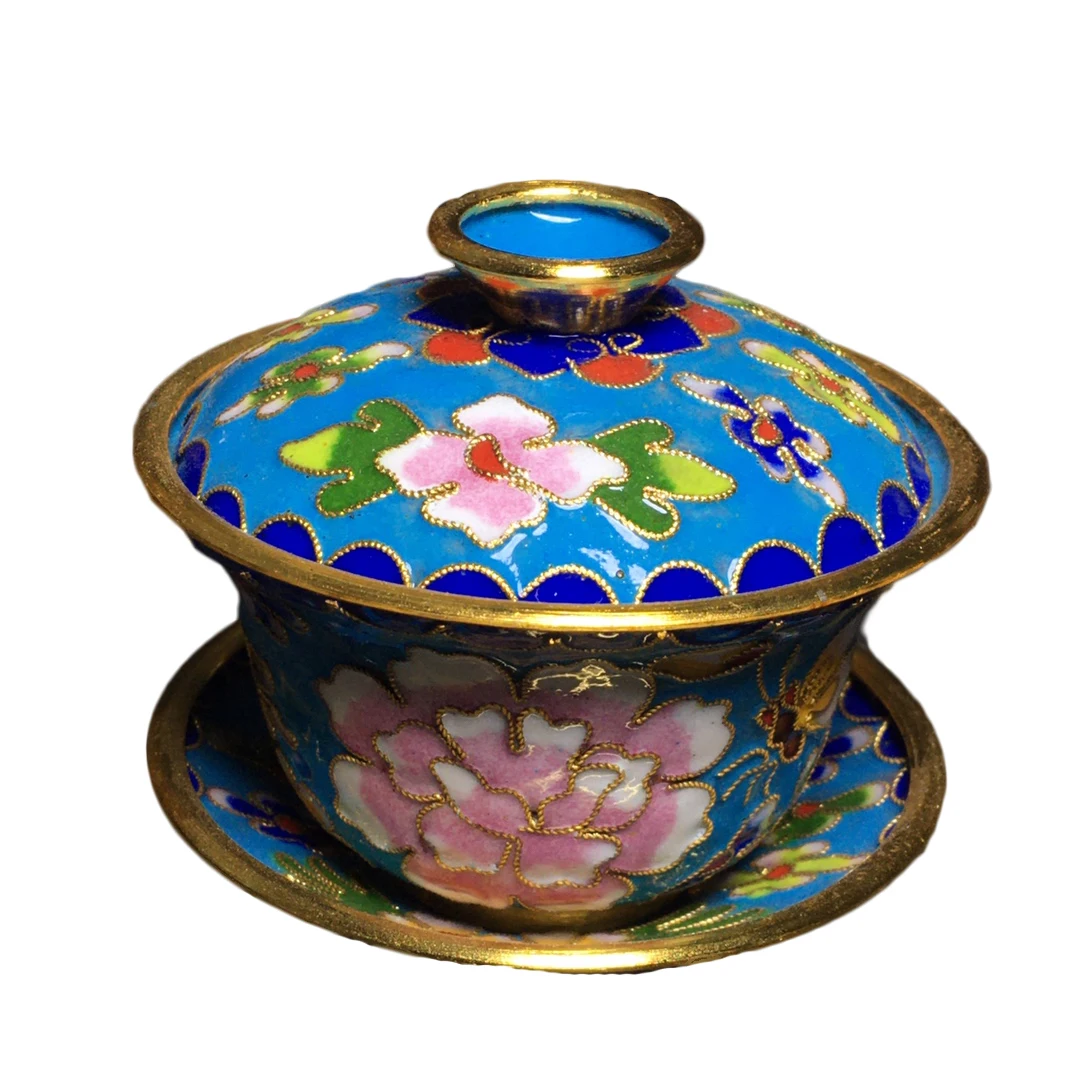 

Laojunlu Old Cloisonné Blue Tiandi Ren Sancai Cup With Pink Peony Flowers On A Blue Background Cup Chinese Traditional Style
