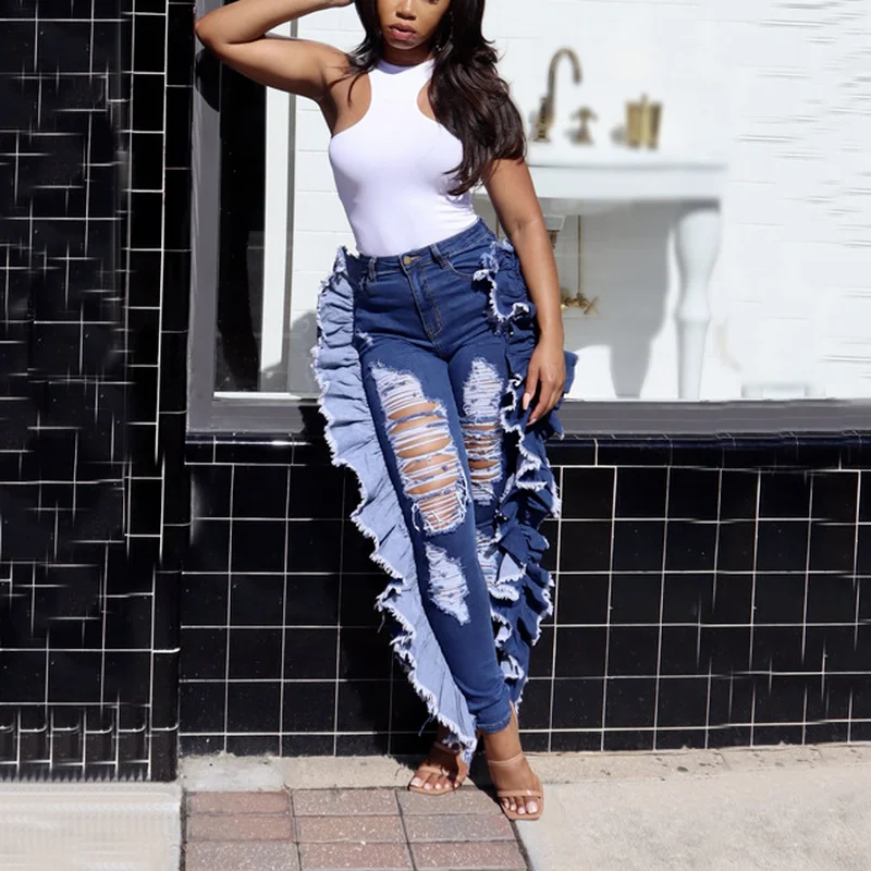 Ruffled Ruched Ripped Denim High Wait Stacked Pants Autumn 2023 Women Trouser Streetwear Jeans Fashion Skinny Pockets Trousers