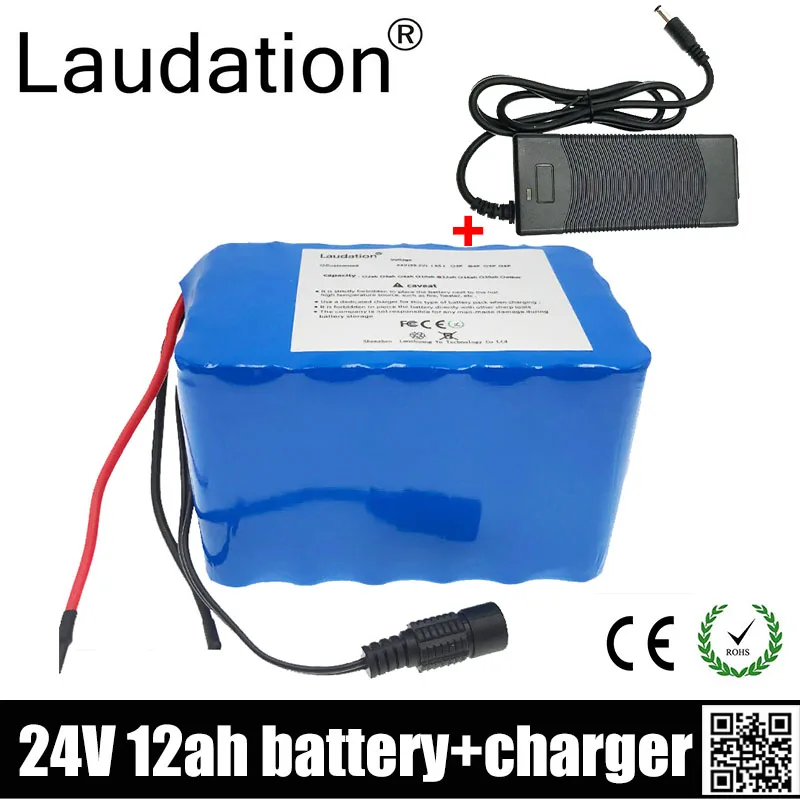 

Laudation 24V 12ah Lithium Battery 18650 Pack 25.2V 12800Mah For 250W 350W Motor Electric Bicycle With 15A BMS And 2A Charger