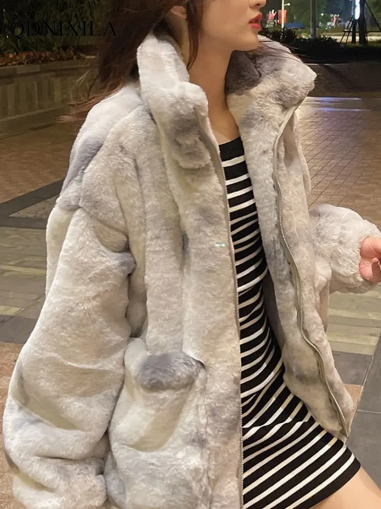 Women's Fur Coat Faux Fur Coat Lambswool Jackets Thickened Plush Rabbit Fur The Tie-dyed Hooded Fur Coat Women Jacket