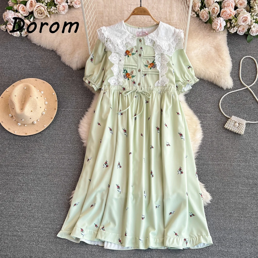 

Женское винтажное платье с вышивкой, летнее корейское лоскутное платье с кукольным воротником и коротким рукавом, офисное элегантное свободное платье
