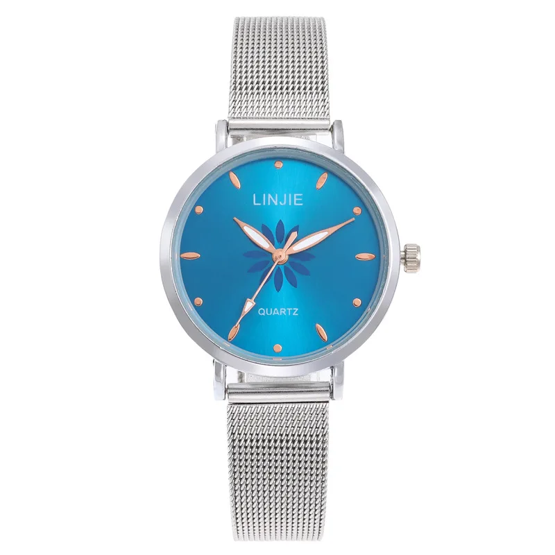 

Женские наручные часы, Роскошный Серебристый популярный розовый циферблат, женские кварцевые часы с металлическим браслетом и цветами, модные женские часы