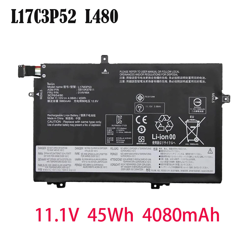 

Сменный аккумулятор L17C3P52 для Lenovo ThinkPad L480 L490 L580 L590 L14 L15 L14 Gen 2 L15 Gen 2 Series L17M3P53 L17L3P52