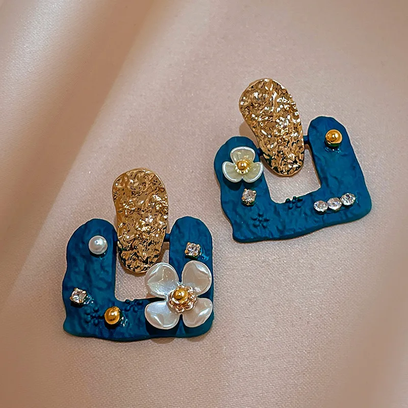 

Korean Fashion Blue Earrings Retro Imitation Pearl Zircon Rhinestones Flower S925 Silver Needle Drop Earrings Jewelry for Women