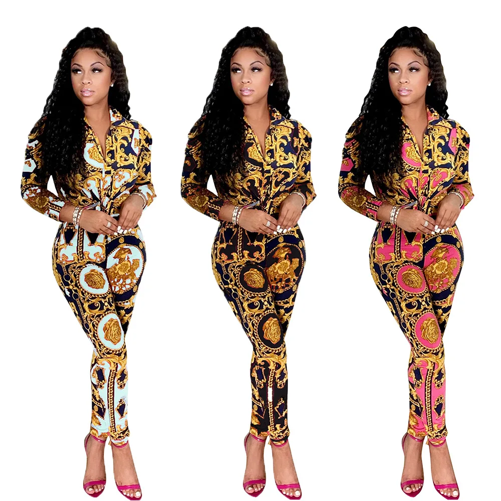 

Women Clothing Ladies Matching Sets Sexy Party Club Outfits Fashion Printing Long-Sleeved Shirt Trousers Two-Piece Pant Sets