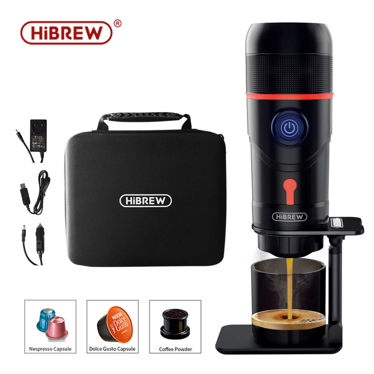 

HiBREW Portable Coffee Machine for Car &DC12V Expresso Coffee Maker Fit Nexpresso Dolce Pod Capsule Coffee Powder H4