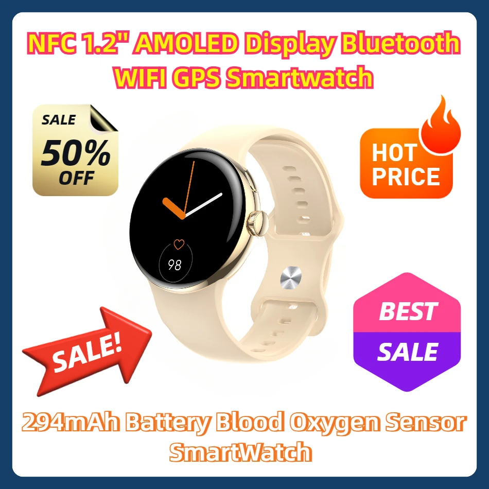 NFC 1 2-дюймовый AMOLED-дисплей Bluetooth WIFI GPS SmartWatch Аккумулятор 294 мАч Датчик кислорода в