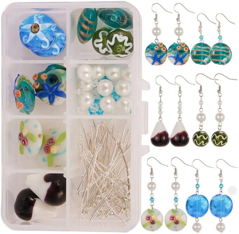 

1 Box DIY 6 Pairs Millefiori Murano Glass Earring Jewelry Making Blue Ocean Weave Starfish Lampwork Pearl Beads Earring Hooks