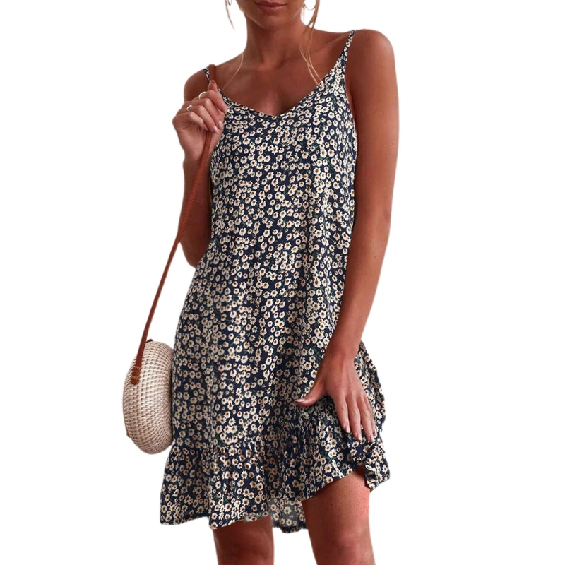 

Женское летнее Мини-Платье на бретелях-спагетти с V-образным вырезом, свободный винтажный сарафан в стиле бохо с цветочным принтом, расклеше...