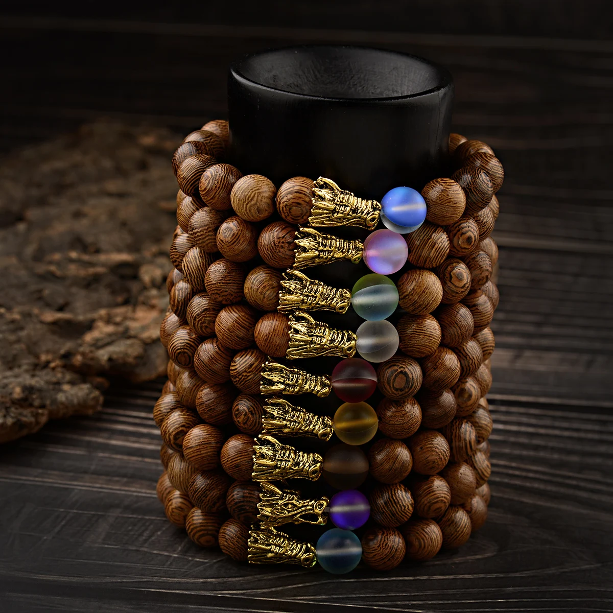 

10mm Natural Wood Beads Yoga Bracelet Men Women Gold Color Dragon Beads Bracelets Ethnic Buddhist prayer Buddha Jewelry Gift