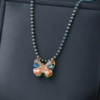 kioozol korean style lovely crystal butterfly pendant necklaces black beads necklace for women chain on neck accessoire 822 ko1