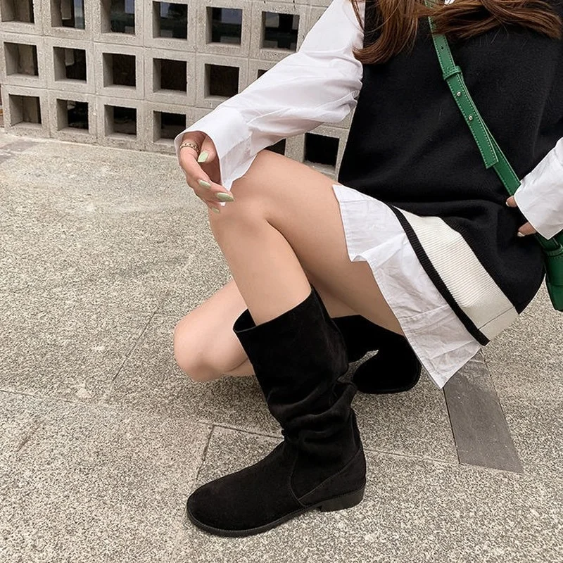 Genuine Leather Retro Pile Boots Frosted Thin Medium Boots Women's 2022 Autumn New Suede High-top Knight Boots Women Boots