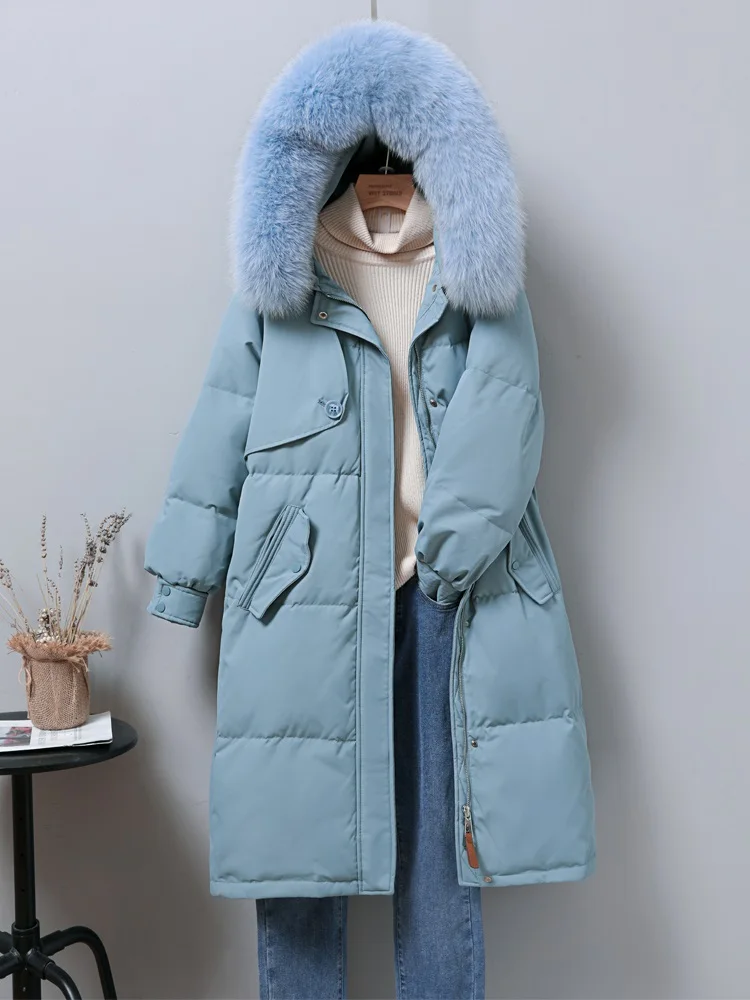 Women Long Down Jacket New Casual Style Fox Fur Collar White Duck Down Jackets Autumn Winter Coats And Parkas Female Outwear
