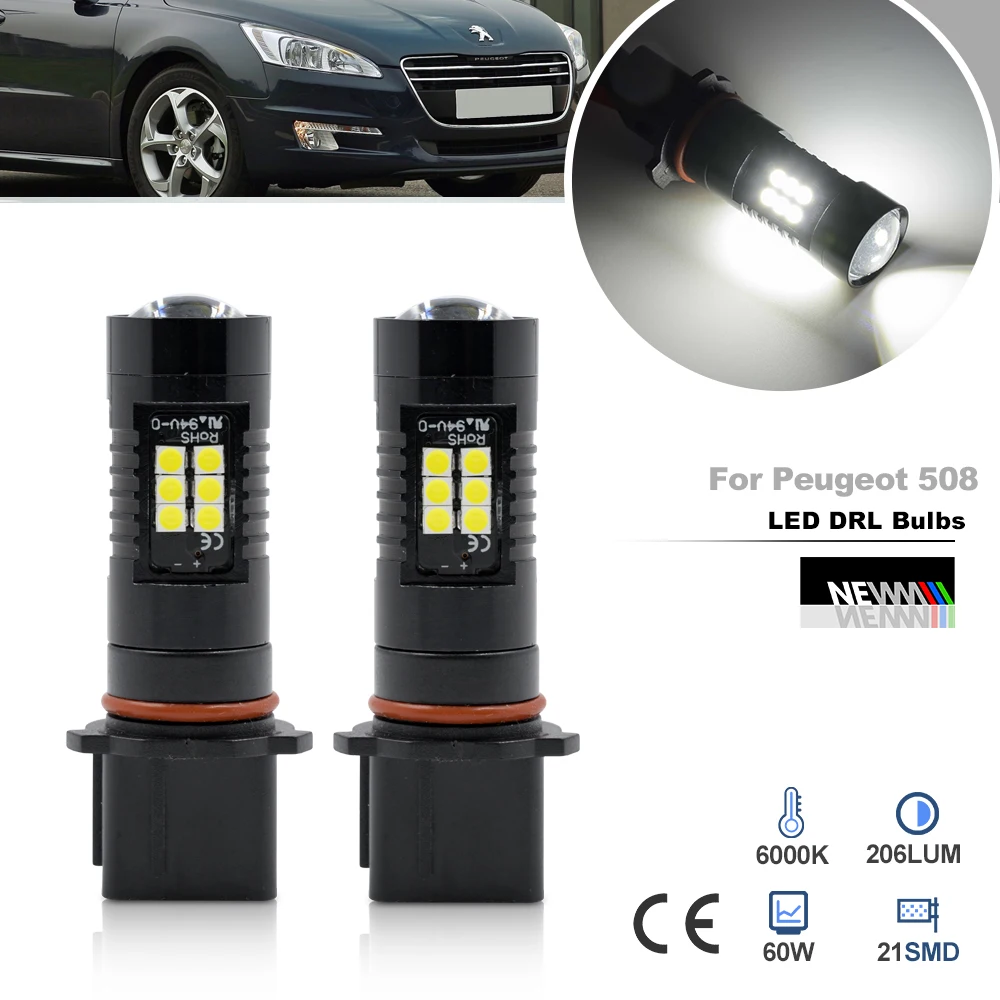 2Pcs LED Daytime Running Lights for Peugeot 508 W SW 2011-2018 Canbus P13W 12277 PSH23W DLRs Bulb Parking Lamp Headlamp Daylight
