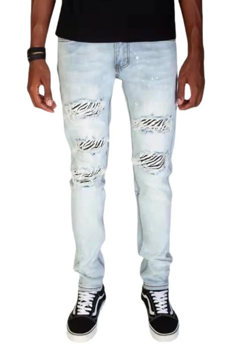 Mens Jeans Fashion Skinny Ripped Footline Zip Pants Patch Ripped Denim Pant for Men