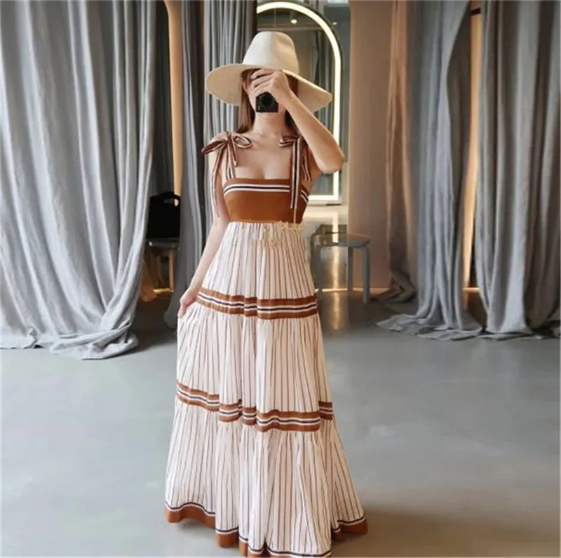 

Vestidos De Mujer Casual Elegante Bow Spaghetti Strap Striped Maxi Dresses for Women 2022 Summer Boho Clothing