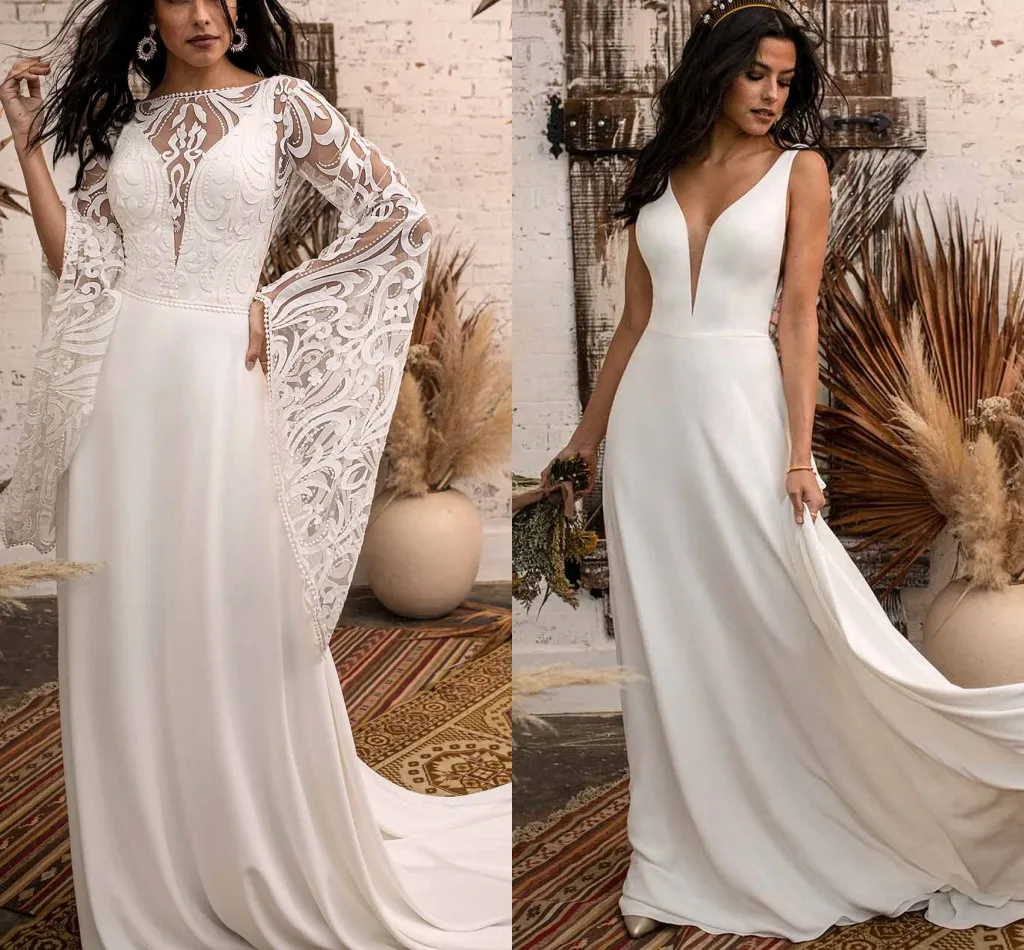 

Crepe Stain Beach Wedding Dresses with Flare Long Sleeve Wrap Jacket 2022 Modest Bohemian Temple Summer Holiday Bridal Dress