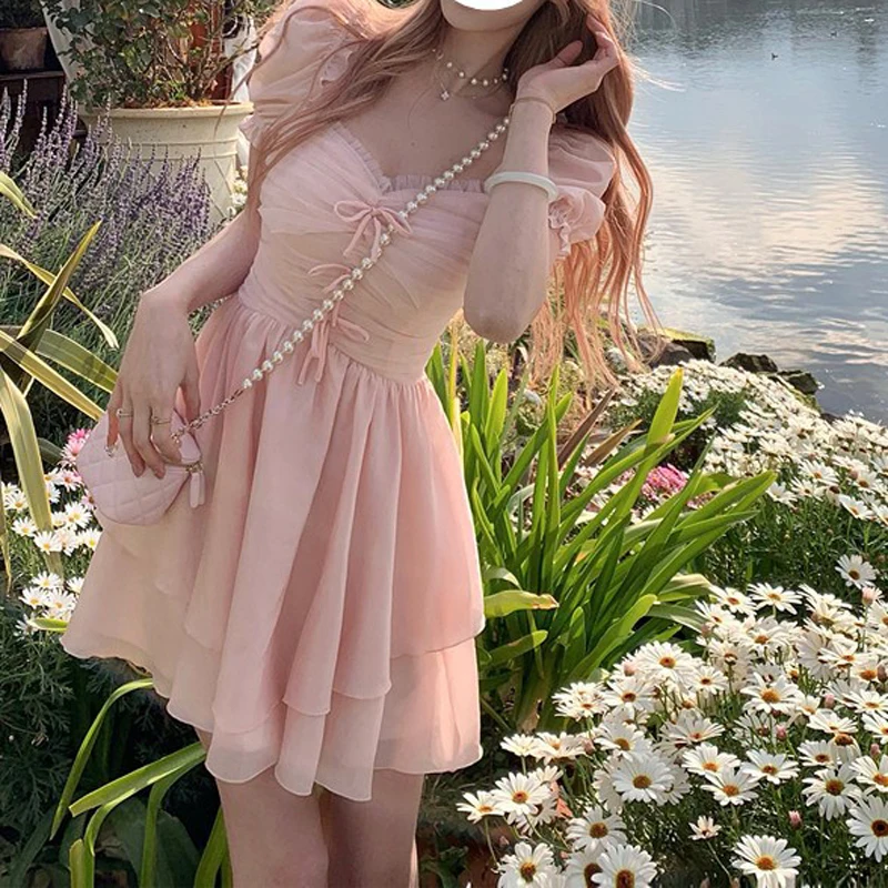 

Korean Fashion Midi Dress Women Summer Chiffion Elegant Kawaii Clothing Short Sleeve Beach Style Party Dress Office Lady