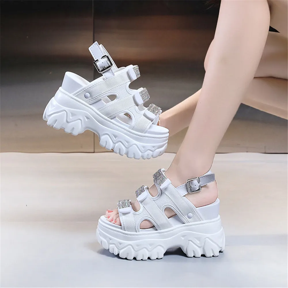

Rhinestone Slippers Fashion For Women Outside Wear 2022 Summer New Slope Heels Thick Soled Sandals Ankle Buckle Fish Mouth Shoes