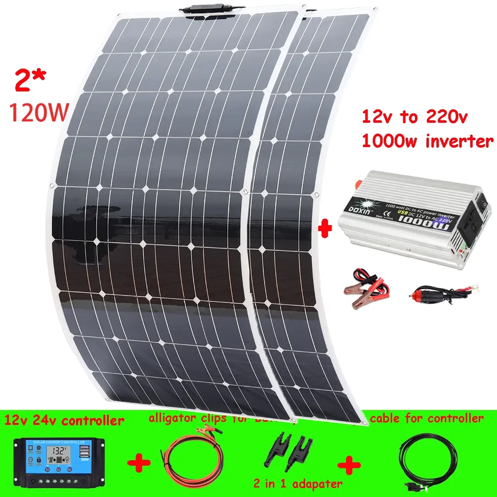 

Off Grid Solar Power System Kit RV Starter Beginner for Shed/Home 2Pcs 120W Solar Panel + 20A Controller + 1000W Inverter Cable
