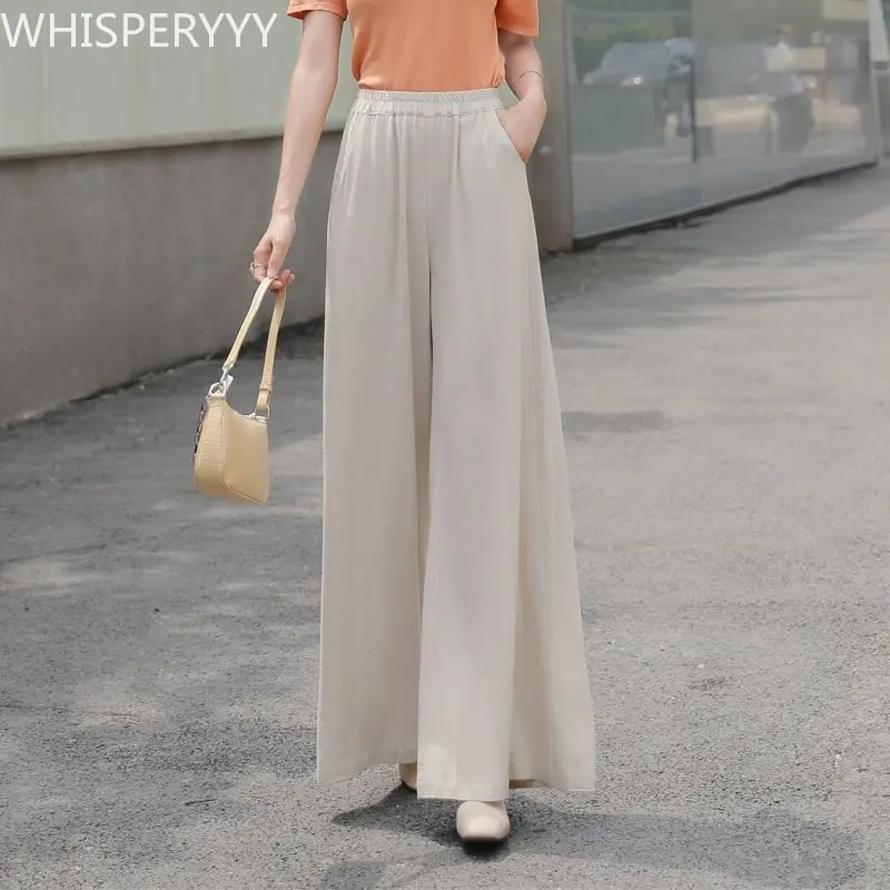 

Брюки женские из хлопка и льна, повседневные однотонные элегантные свободные тонкие брюки с завышенной талией и широкими штанинами, винтажная юбка, лето-осень