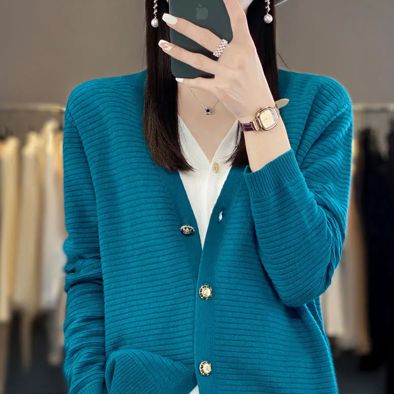 

Spring Summer Woman's Sweaters Long Sleeve V-Neck Coats Female Cardigan Jumper Jacket Wool Mixed Worsted Knitted Tops Outwear