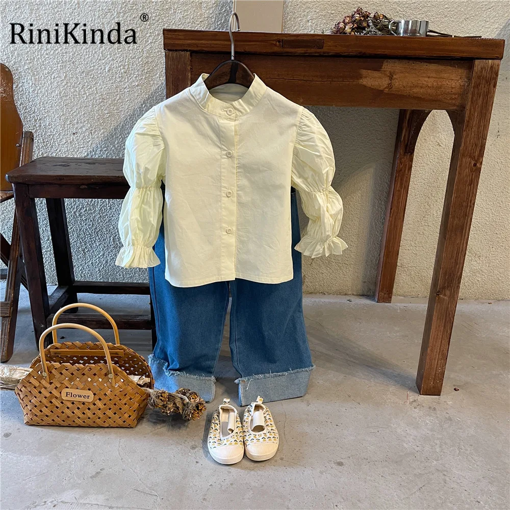 

RiniKinda 2022 Autumn Baby Solid Shirt Korean Puff Sleeve Kids Tops Fashion Blouse Girls Foreign Style Cute Cotton Clothes