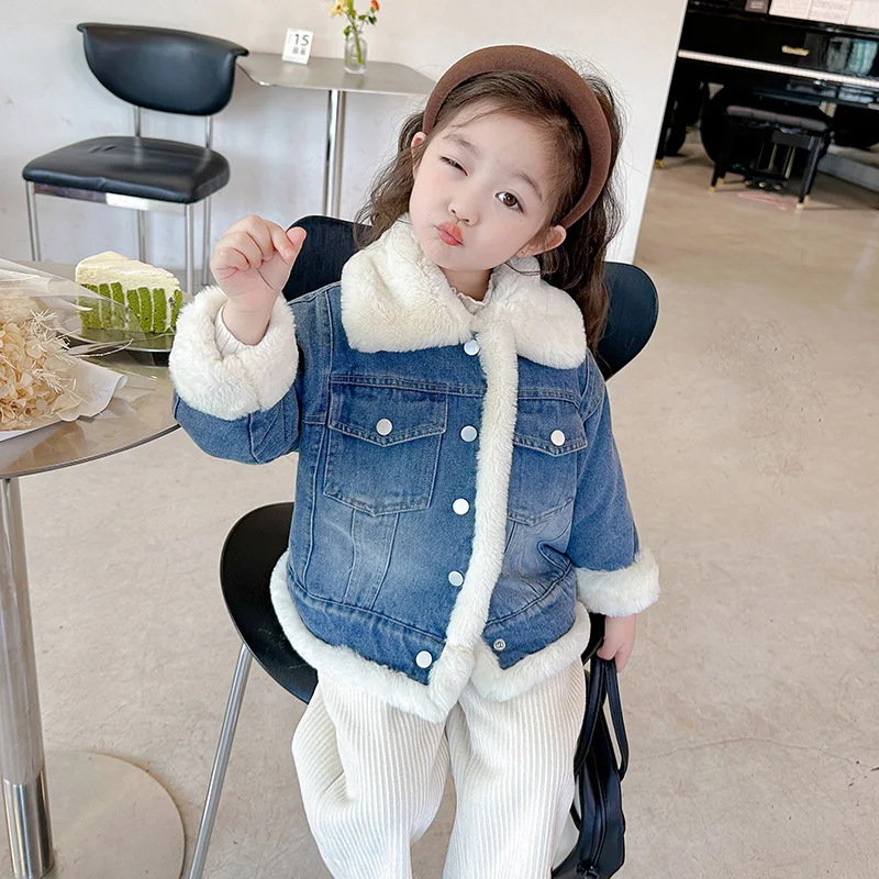 

Winter Autumn Girls Warm Jacket Baby Coat Toddler Denim Jacket Kids Brand Clothes New Fashion Faux Fur Patch 2-7Y