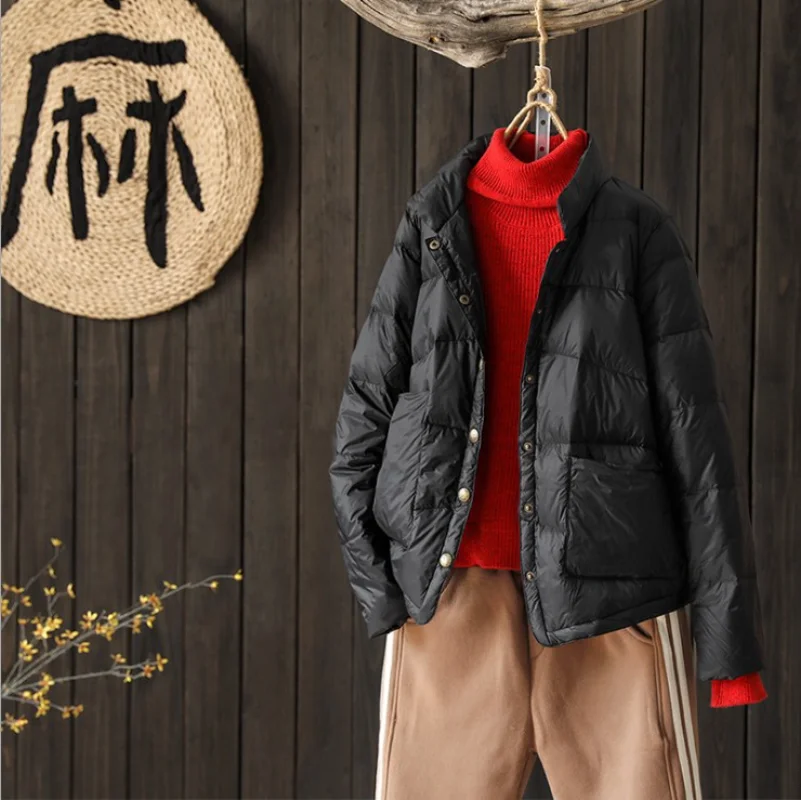 Autumn and Winter Retro Literary Light Short Collar Down Jacket Women Loose Bread Down Jacket for Women
