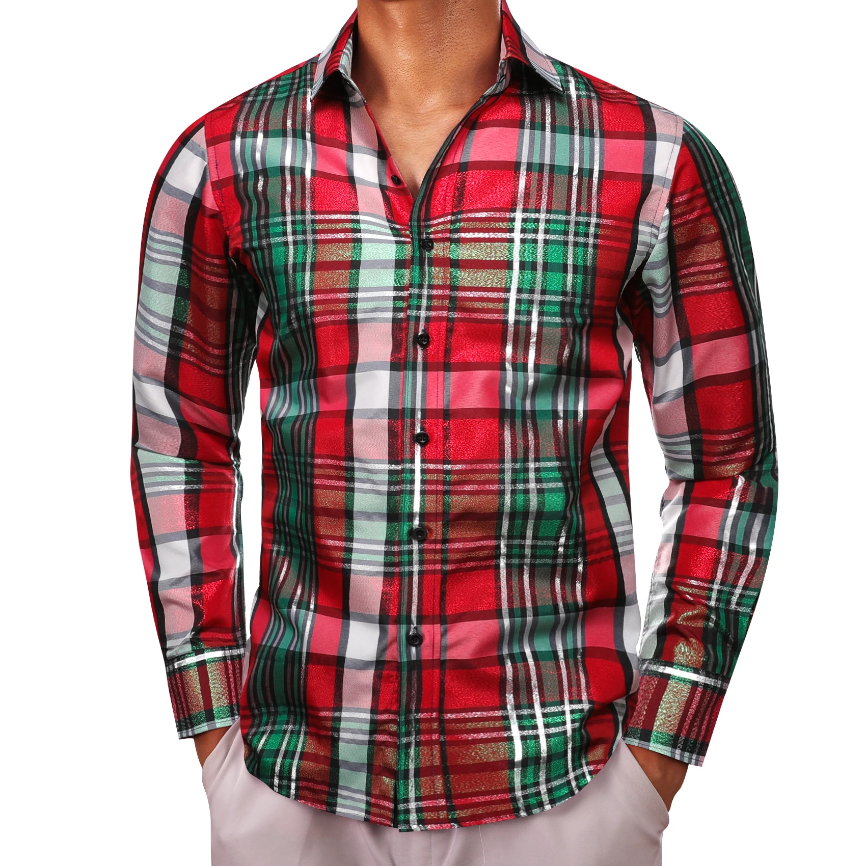 

Luxury Long Sleeve Silk Shirts for Men Red Green White Plaid Striped Slim Fit Male Blouse Casual Formal Work Tops Barry Wang