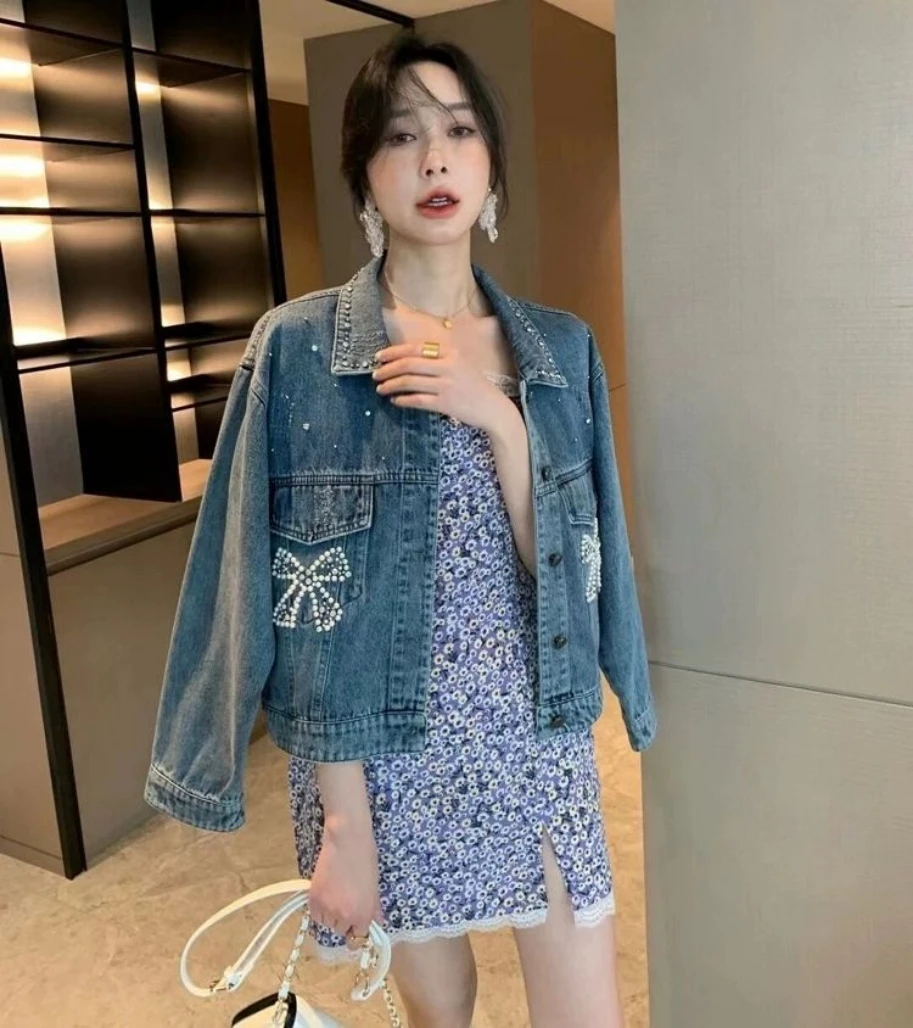 

NEW Fall Pearl Lady Casual Denim Girl Top Cowboy Women Jean Jacket Short Woman Diamond Tops Jeans Out Loose Coat Cool Jazz Cloth