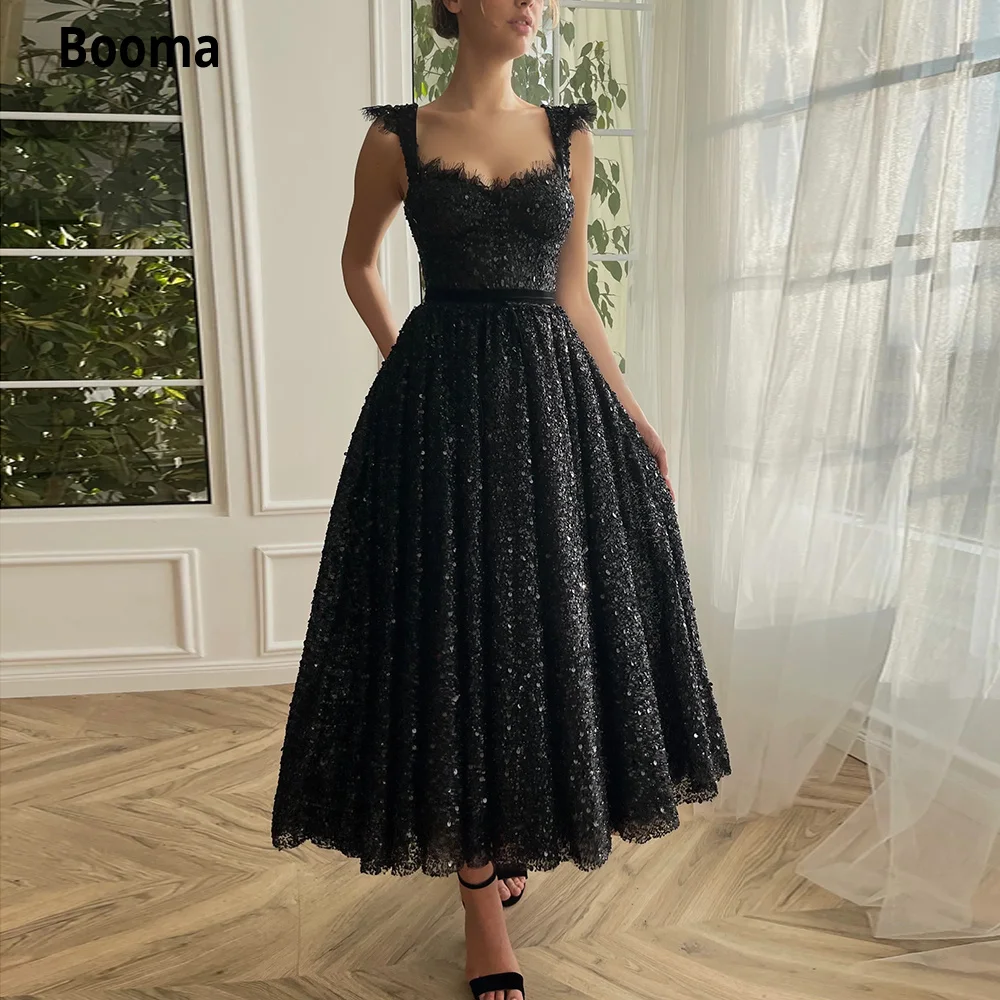 

Booma Black Beaded Sequin Lace Midi Prom Dresses Sweetheart Sleeveless Tea-Length A-Line Formal Party Dresses Evening Gowns