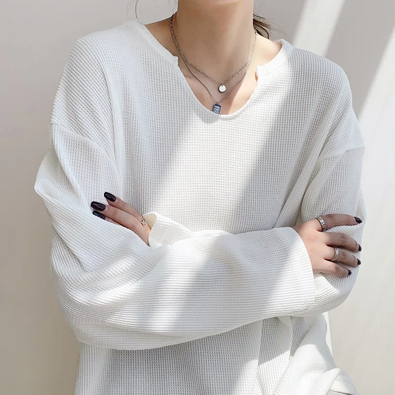

TFETTERS Long Sleeve T-shirt Women Autumn Texture White Tops for Women Full Sleeves Lazy Wind Waffle Tshirt Thin V-neck Collar