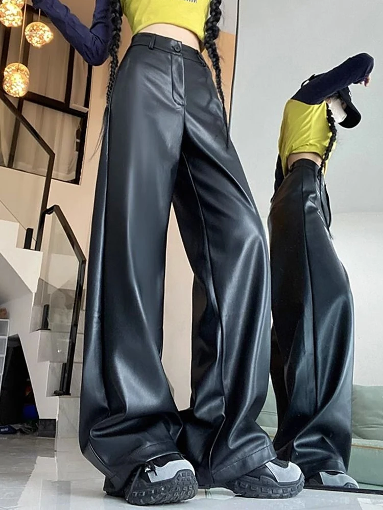 Оригинальные осенне-зимние прямые широкие брюки из искусственной кожи в