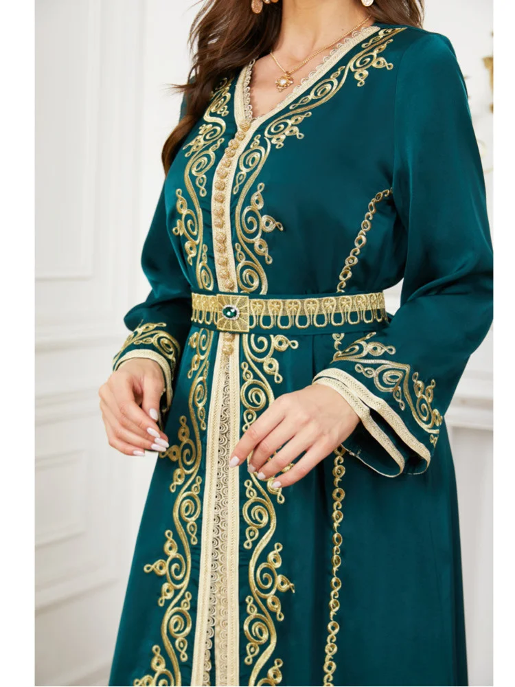 Kaftan for Women Muslin Morocco Caftan 2 Pieces for Wedding Easter Sunday Pentecost Kaftan Dress with Belt Green Ramadan Caftan
