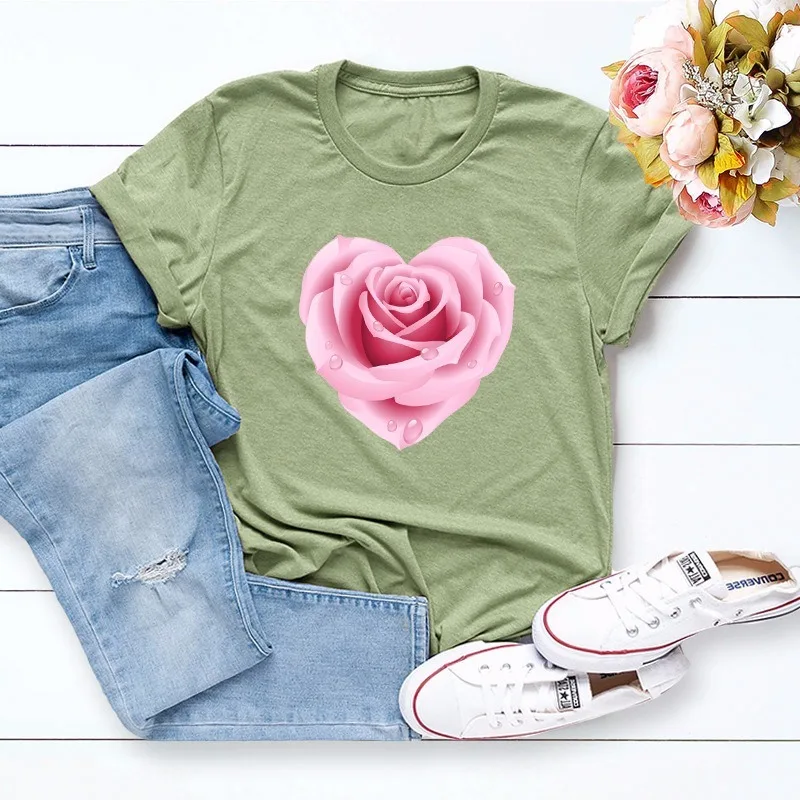 

Summer Women T Shirt S-5XL Versatile Cotton Graphic Flower Rose Print Short Sleeve Women Tees Top Casual O-Neck Female TShirt