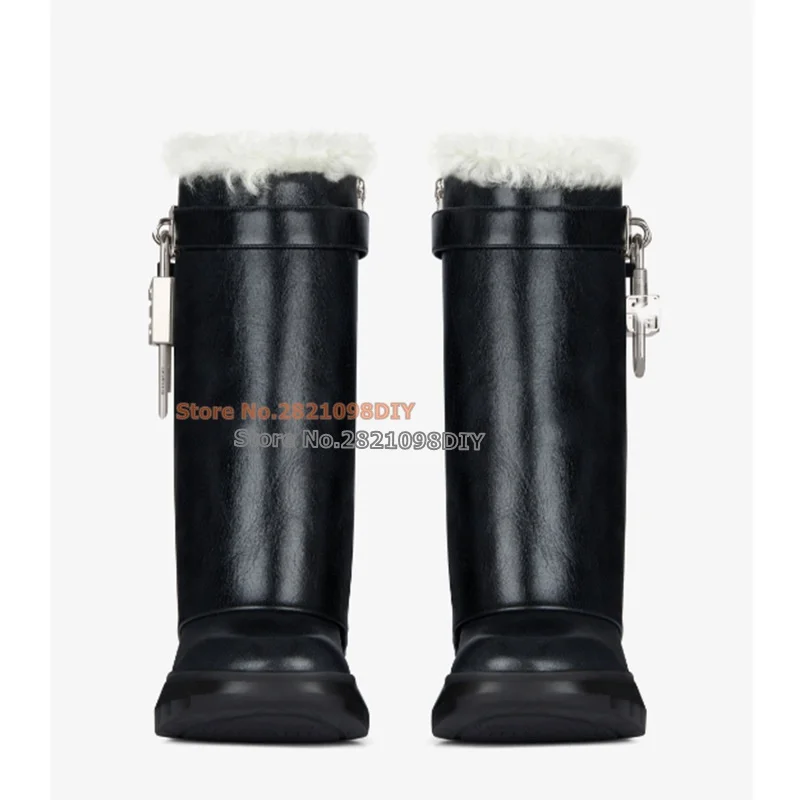 Shark Lock Biker In Leather Black Short Boot Round Toe Fur Insidd Warm Snow Boots Women Height Inreased Ankle Boots Plus Size
