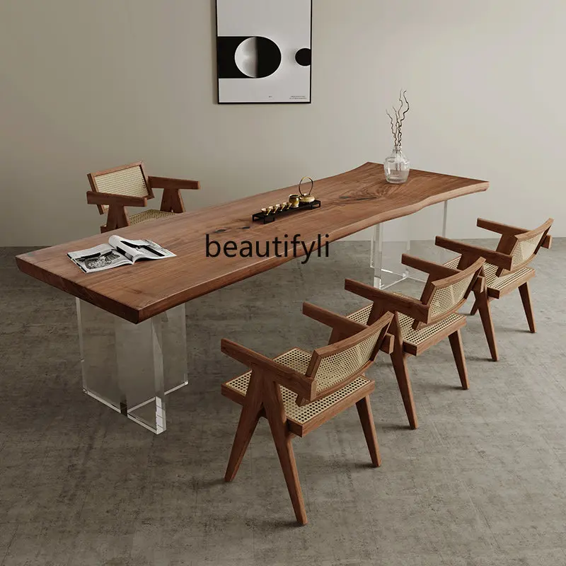 

yj Modern Simple Solid Wood Large Board Table-Chair Set Solid Wood Tea Making Table Acrylic Tea Table
