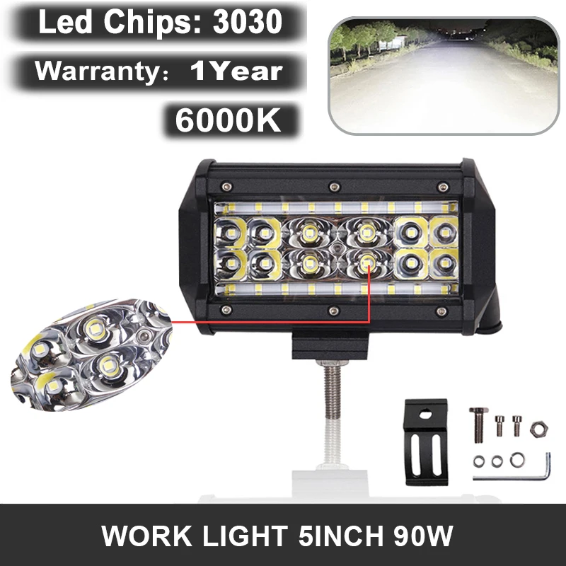 

90W 5Inch Motorcycle LED Work Light 6000K Led Bar White Fog Lights 12V 9000LM For Car Trucks Trailer JK Off Road SUV 4X4 ATV 4WD