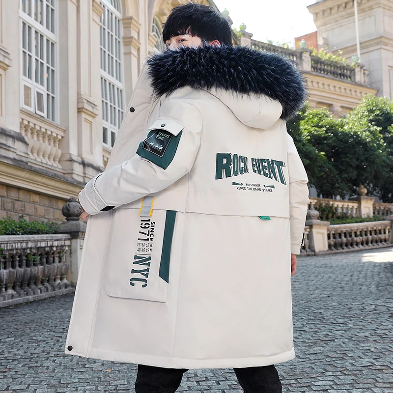 

Новинка Зима 2024, Мужское пальто средней длины с капюшоном и меховым воротником, плотная модная повседневная куртка с хлопковой подкладкой и принтом, мужская одежда