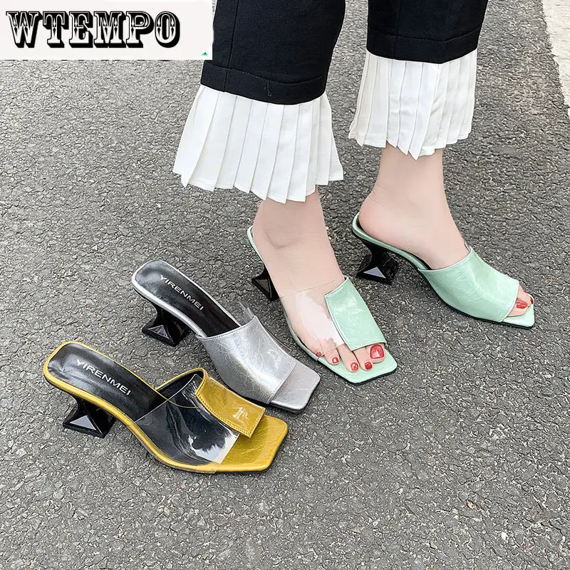 WTEMPO Women Strange Heels Shoes Patchwork Femmes Clear Sandales Square Open Toe Platform High Heels Slippers Dropshipping