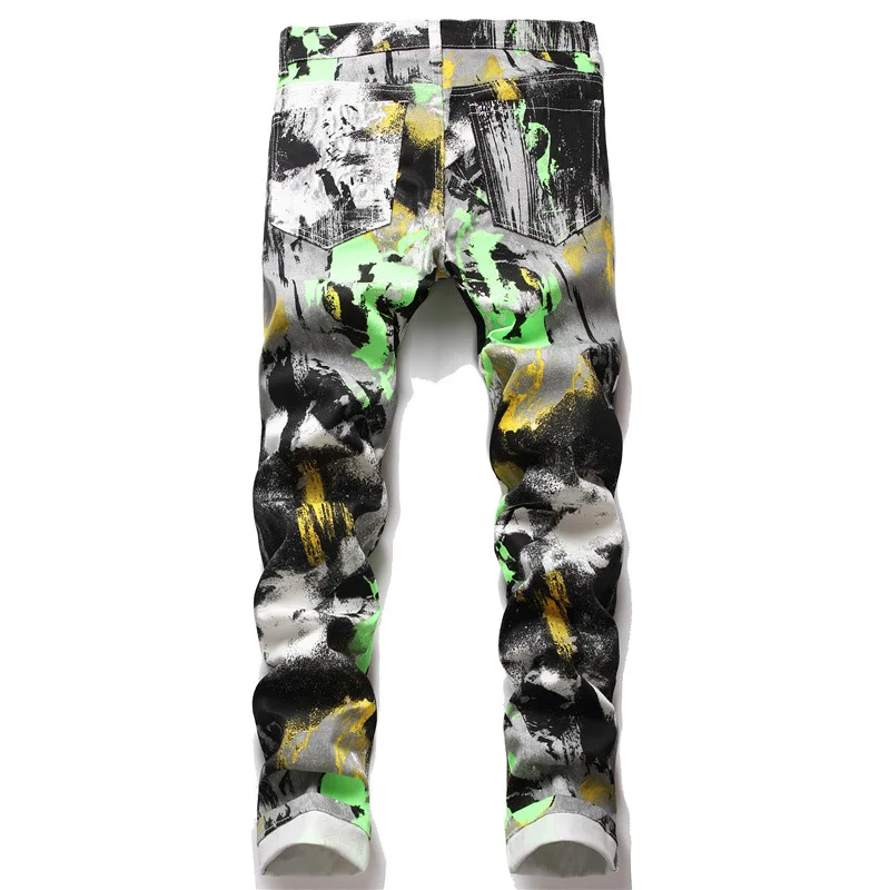 Mens Casual Jeans Mid Waist Trousers Oil Painting Rendering Style Slim Stretch Digital Printing malePencil Pants
