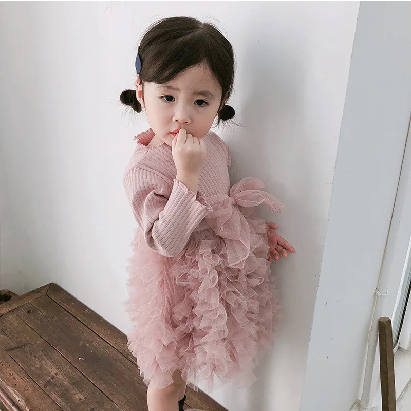 Girls Clothes Long Sleeve Knitted Bow Fairy Dress Tulle Skirt Plicated Cake Skirt Outing Suit Children Clothing Sweater enlarge