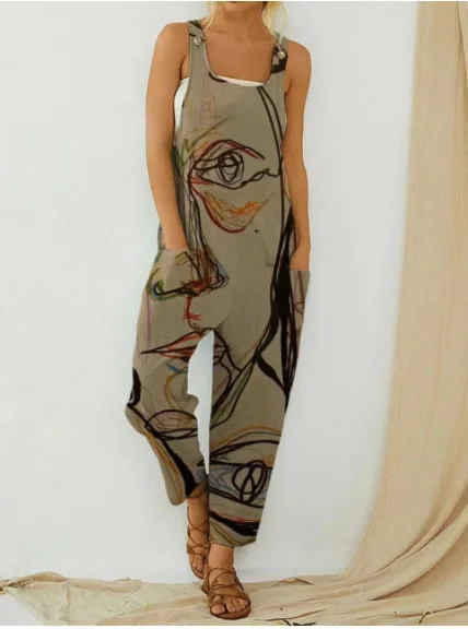 

New casual suspender pocket wide leg onesie with loose print women pants